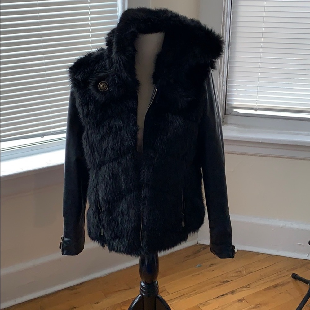Black faux leather and faux fur jacket